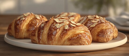 Poster - Warm golden almond croissants on a pale plate, topped with almond slices, arranged invitingly on a wooden table, creating a cozy culinary scene.