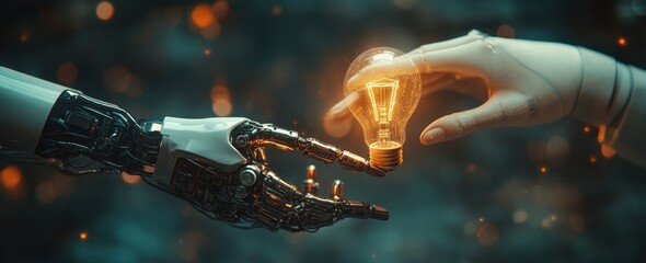 Poster - Interaction Between Human and Robot Hand with Glowing Light Bulb Symbolizing Innovation and Creativity in Technology and Future Development