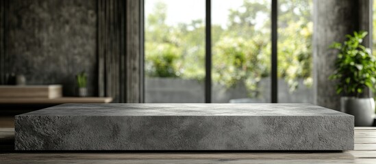 Leinwandbilder - Gray concrete display platform with minimalist design, positioned in a bright room with large windows and greenery in the background.