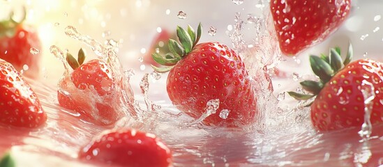 Poster - Vibrant red strawberries splashing into clear water with dynamic droplets erupting, creating a refreshing scene of fresh summer produce.