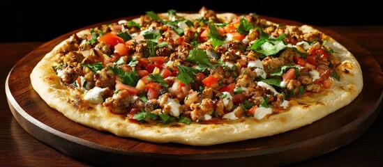 Poster - Brazilian flatbread topped with colorful diced tomatoes, green cilantro, creamy requeijao on a wooden board against a dark background