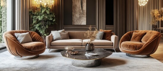 Aufkleber - Modern luxury apartment living room with cozy brown velvet chairs and a stylish marble coffee table. Soft lighting and elegant decor enhance comfort.