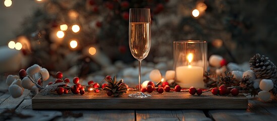 Aufkleber - Elegant champagne glass surrounded by festive red berries, pinecones, and a warm candle on a rustic wood board, creating a joyful holiday ambiance.