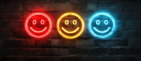Fototapete - Colorful neon smiley faces in red, yellow, and blue against a dark textured wall, arranged in a horizontal line for a vibrant and cheerful atmosphere.