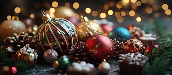 Poster - Charming retro Christmas scene with vibrant red and gold ornaments, chocolate candies, pinecones, and soft bokeh lights, evoking festive nostalgia