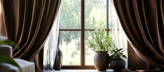 Aufkleber - Elegant chocolate brown curtains draping gracefully around a window with a lush green plant visible outside creating a warm and sophisticated ambiance