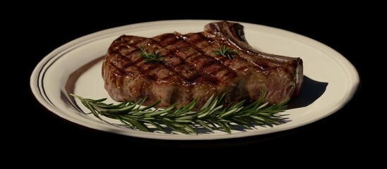 Poster - Juicy beef steak on a white plate with green rosemary leaves positioned artfully around it creating an elegant dining presentation