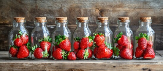 Poster - Vibrant red strawberries in clear glass bottles with cork lids arranged symmetrically on a rustic wooden table creating an appealing farm fresh display