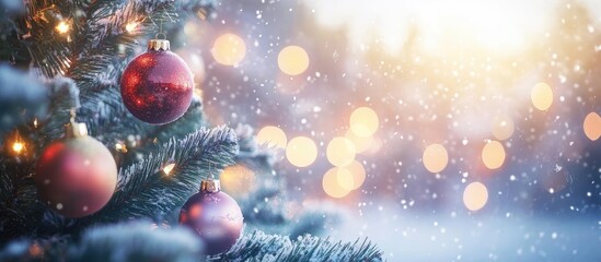 Poster - Festive Christmas tree with red and gold baubles in soft focus, snowy backdrop with falling snow and warm bokeh lights creating a magical ambiance