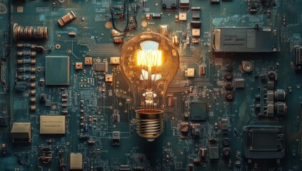 Poster - Light Bulb Illuminating a Circuit Board Background with Detailed Electronic Components and Technology Elements in Abstract Concept