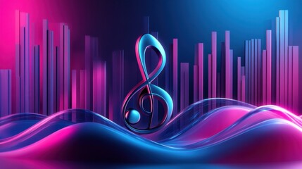 Abstract Neon Treble Clef Music Design with Dynamic Waves and Glowing Bars Background