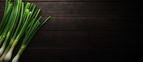 Poster - Fresh spring onions elegantly arranged on the left of a dark wooden surface with ample negative space for versatile culinary use and presentation.