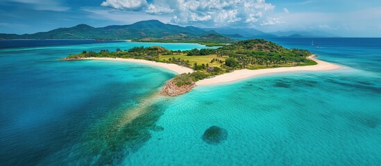 Aufkleber - Aerial view of a vibrant beach with turquoise waters and lush greenery, showcasing a sandy curve and distant mountains under a blue sky.