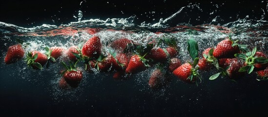 Poster - Juicy red strawberries splash into dark water creating dynamic bubbles with fresh greenery enhancing the vibrant scene of fruity action.