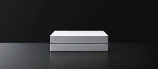 Fototapete - Minimalist white packaging box mockup on a sleek black surface showcasing dual layers, ideal for personalized product presentations and designs