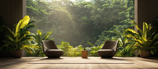 Aufkleber - Elegant lounge area with two stylish chairs centered on a wooden floor surrounded by lush green foliage and soft natural lighting in a serene forest setting