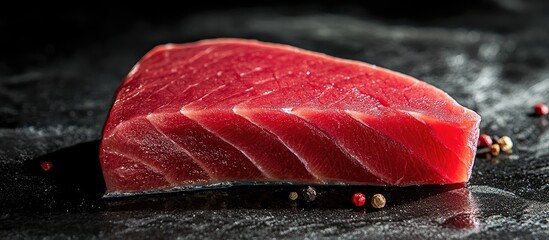 Poster - Vibrant yellowfin tuna steak displayed on dark stone background with glossy texture and peppercorns subtly positioned for culinary perfection