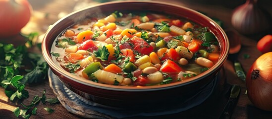 Aufkleber - Hearty minestrone soup in a deep brown bowl filled with colorful vegetables like red peppers and greens on a rustic wooden table.