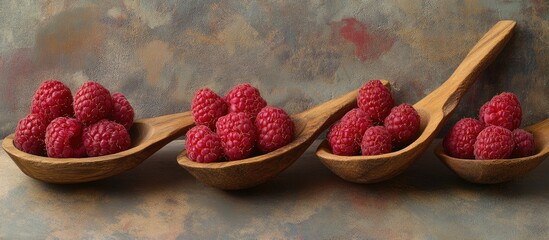 Aufkleber - Vibrant red raspberries arranged in four wooden scoops on a textured gray stone background showcasing natural colors and inviting freshness.