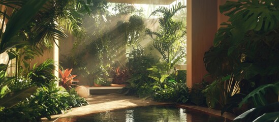 Leinwandbilder - Modern interior design showcasing lush greenery with tropical plants in vibrant greens and warm earth tones, natural light streaming through.