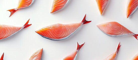 Poster - Fresh pink tuna fillets arranged artistically on a bright white background, emphasizing their quality and vibrant texture for culinary uses.