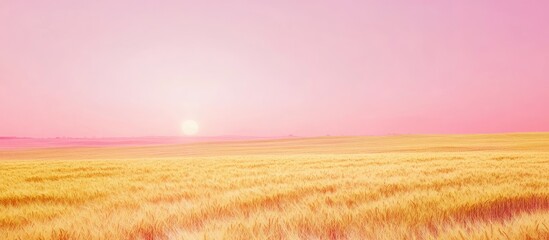 Poster - Golden yellow wheat field stretching horizontally under a soft pink sunset with smooth gradients in the sky providing ample copy space for creatives