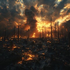 Poster - Postapocalyptic wasteland with blackened stumps and smoldering embers Thick ash clouds rise above the desolate horizon remnants of the wildfire's destruction and a sky darkened with smoke