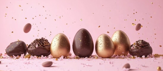 Poster - Colorful Easter chocolate eggs and praline candies arranged on a soft pink backdrop with golden eggs creating a bright festive atmosphere