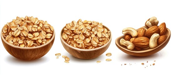 Aufkleber - Assorted nuts and oats in wooden bowls arranged in a row on a white background featuring golden brown colors and textured surfaces.