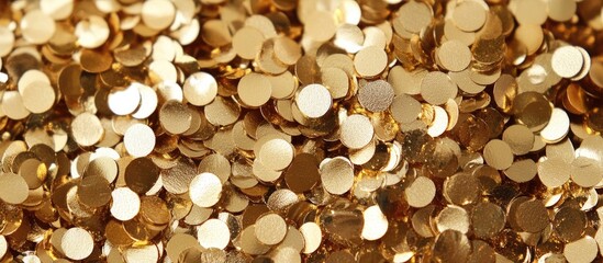 Aufkleber - Golden confetti shimmering with reflective sequins, layered densely for a vibrant, festive atmosphere in celebrations and parties.