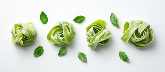 Poster - Homemade green pasta rolls garnished with fresh mint leaves arranged on a clean white background showcasing vibrant green colors and textures.