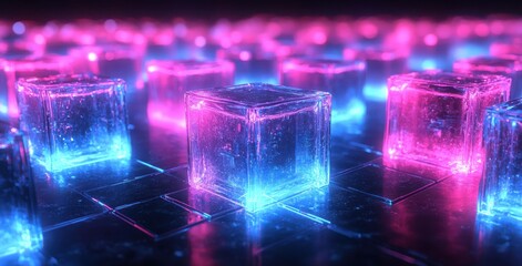 Poster - Neon Glow of Colorful Transparent Cubes on a Dark Background with Reflections and Light Effects for Abstract and Futuristic Designs