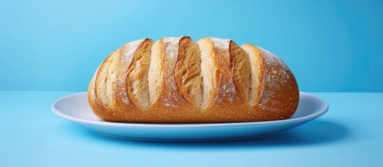 Poster - Elegant loaf of freshly baked white wheat bread on a white plate against a vibrant blue background highlighting its crusty texture and shape