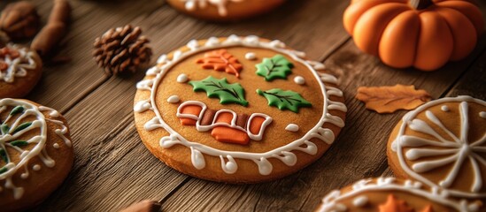 Poster - Festively decorated gingerbread cookies with vibrant autumn colors featuring pumpkin motifs and intricate icing on a rustic wooden surface