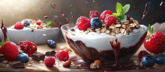 Aufkleber - Nutritious breakfast bowls featuring creamy yogurt layered with vibrant berries, crunchy granola, and dark chocolate bits, all set against a warm backdrop.