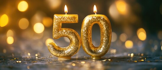 Poster - Golden anniversary candle in metallic gold finish displaying the number 50 with flickering flames against a blurred warm bokeh background.