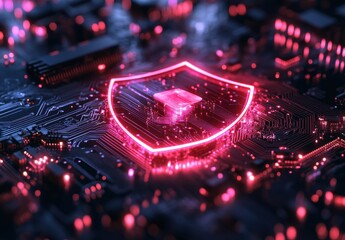 Poster - Neon Shield Icon on Circuit Board Background with Red and Pink Lights Representing Cybersecurity and Digital Protection in Technology Environment