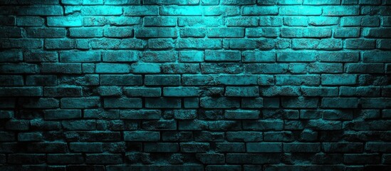Leinwandbilder - Textured dark blue brick wall illuminated with soft teal lighting creating an atmospheric background perfect for design and photography projects.