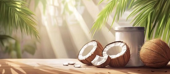 Aufkleber - Coconut milk in a metal container with coconut halves on wooden surface surrounded by green palm leaves and sun rays in bright atmosphere