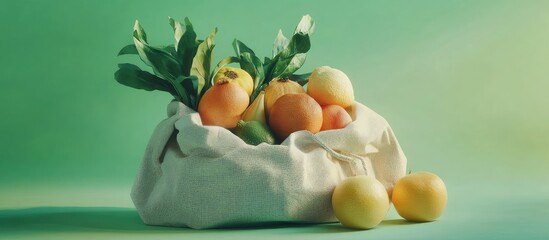 Poster - Eco-friendly food options in a cloth bag filled with vibrant fruits and vegetables against a bright green background showcasing sustainable living.