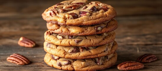 Poster - Delightful stack of golden-brown chocolate chip cookies with pecans on a rustic wooden table with warm earthy tones and a cozy ambiance.