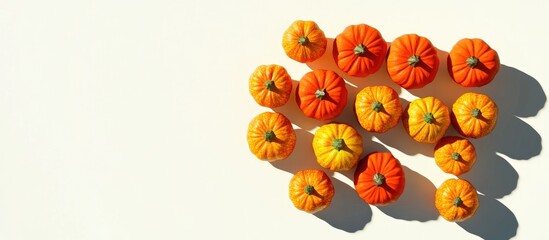 Poster - Top view of vibrant orange and yellow pumpkins arranged on a light neutral background casting distinct shadows highlighting their shape and texture