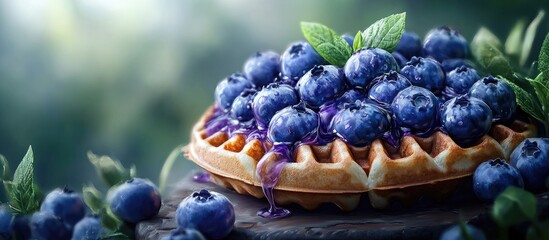 Poster - Delicious golden waffle topped with fresh blueberries and mint leaves against a soft blurred green background showcasing a vibrant breakfast scene.