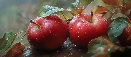 Aufkleber - Close up of lush red apples with green leaves and sparkling water droplets on a rustic wooden surface highlighting vivid colors and natural textures