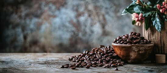 Aufkleber - Vintage coffee beans in a rustic bowl on a textured wooden table, rich dark browns with greenery and floral accents in the background.