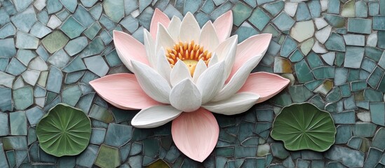 Poster - Elegant pink and white lotus flower positioned centrally atop a mosaic of green and blue lily pads creating a serene water scene from above