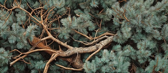 Aufkleber - Dried brown branches intermingled with lush green hemlock spruce create a textured composition against a backdrop of dense evergreen foliage