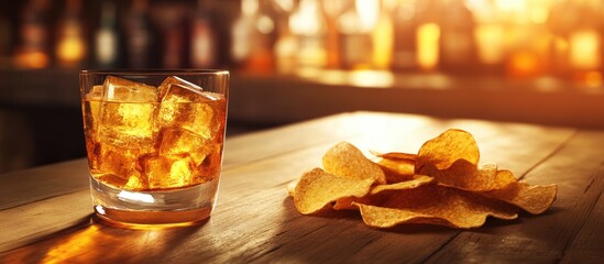 Poster - Vibrant scene featuring a golden liquor shot with ice on wooden surface alongside crispy chips illuminated by warm sunset tones.
