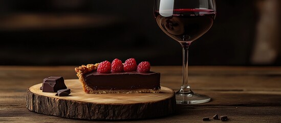 Poster - Elegant dark chocolate tart topped with fresh raspberries served on a wooden slice with a glass of red wine in a cozy dimly lit setting.