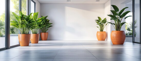 Leinwandbilder - Modern interior with large orange planters featuring green plants, bright natural light from large windows, minimalist design and clean lines.